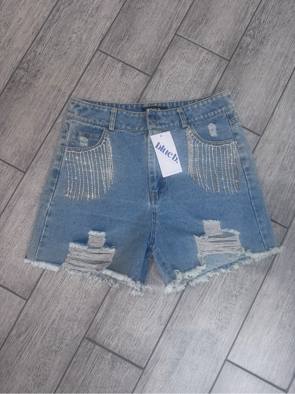 Blue Denim High-Rise Rhinestone Fringe Distressed Jean Shorts